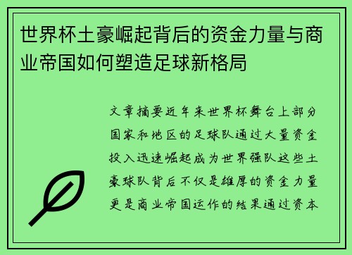 世界杯土豪崛起背后的资金力量与商业帝国如何塑造足球新格局