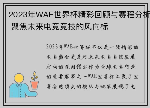 2023年WAE世界杯精彩回顾与赛程分析 聚焦未来电竞竞技的风向标