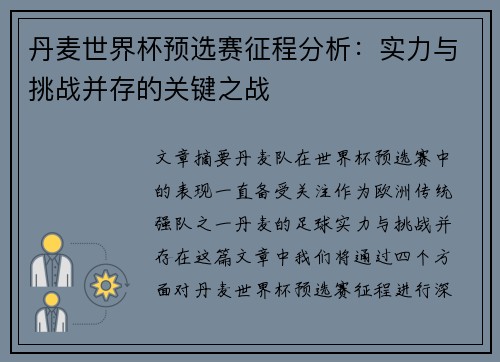 丹麦世界杯预选赛征程分析：实力与挑战并存的关键之战